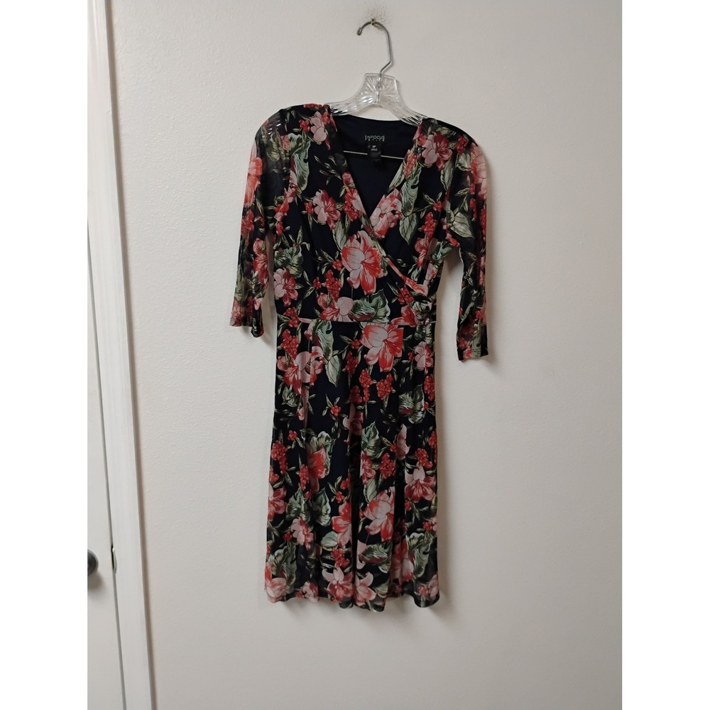 Enfocus Petite Floral Mesh Faux Wrap Dress Navy Blue Red Pink Size 8P